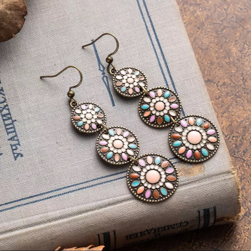 Multi Color Boho Round Stone Water Drop Earrings - Picture 2 of 3